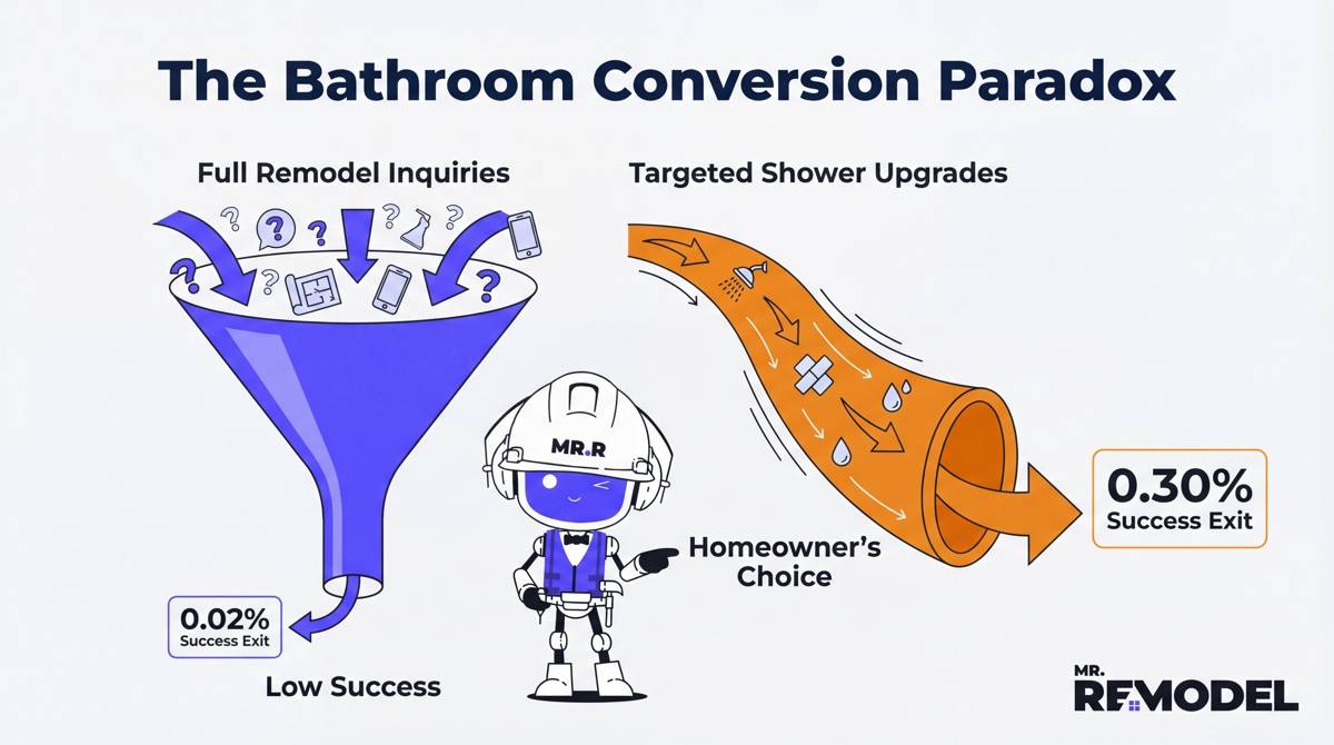 A funnel infographic comparing the low 0.02% conversion rate of full bathroom remodels to the significantly higher 0.30% conversion rate of targeted shower upgrades.